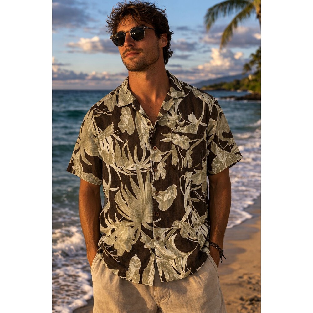 Vintage Y2K Caribbean Joe Hawaiian Shirt Medium Aloha Palm Leaf Brown Linen Loop